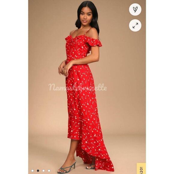 Nwt Lulu's Boho Red Floral Off-the-Shoulder Maxi Dress - Picture 8 of 14